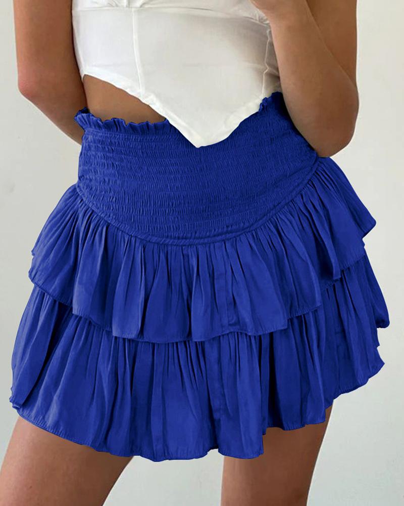 

Shirred High Waist Layered Ruffle Hem Mini Skirt, Blue