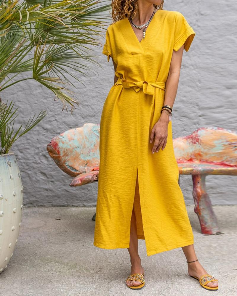 

V-Neck Tied Detail Slit Shirt Dress, Yellow