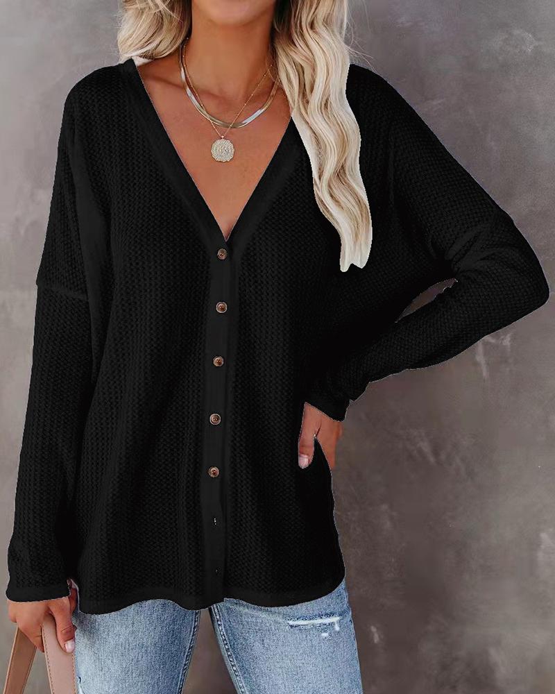 

V Neck Waffle Knit Button Design Cardigan, Black