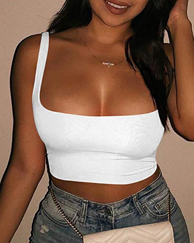 

U-Neck Spaghetti Strap Solid Crop Top, White