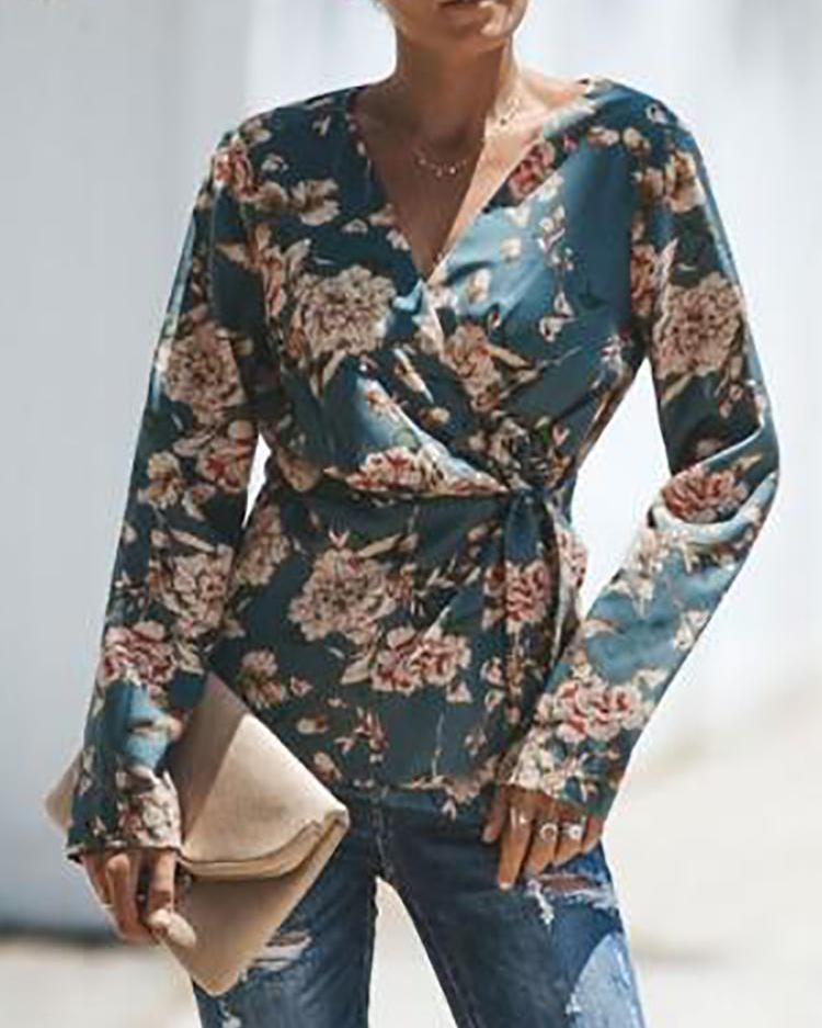 

Floral Print Wrap Knot Side Blouse, Blue