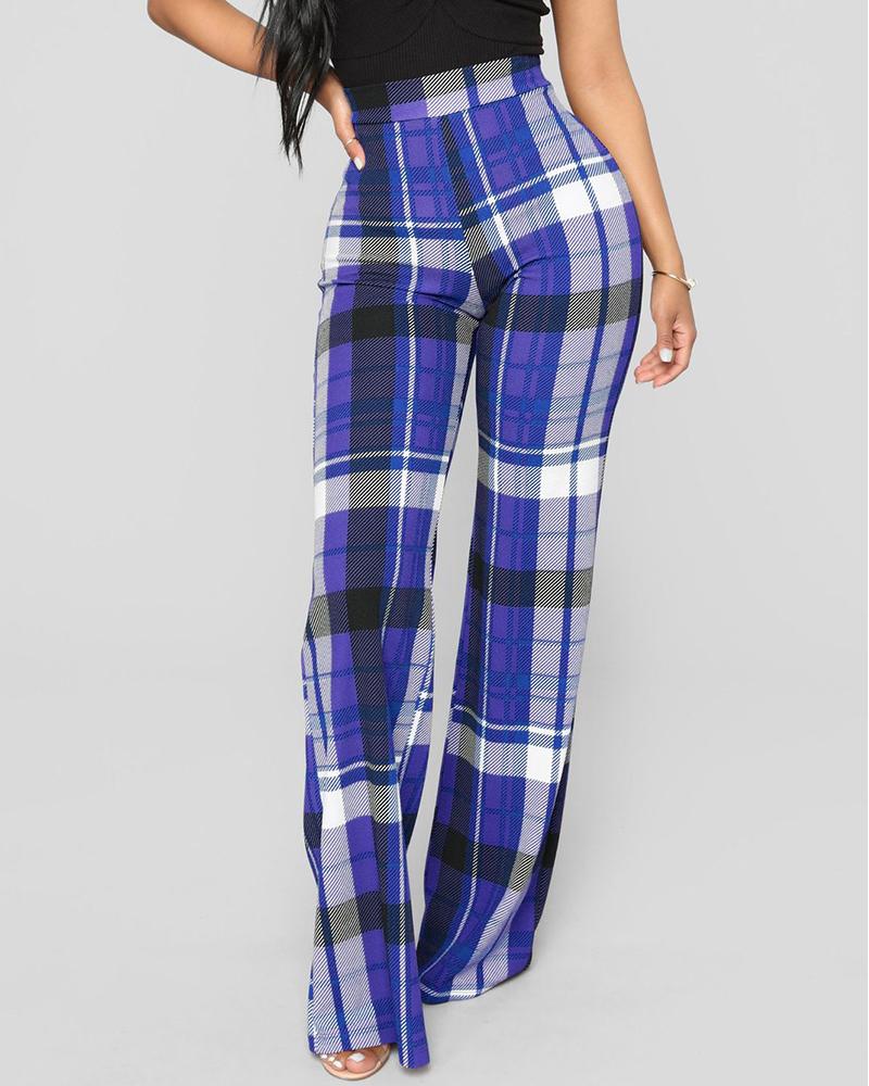 

Wide Leg Plaid Print High Waist Pants, Blue
