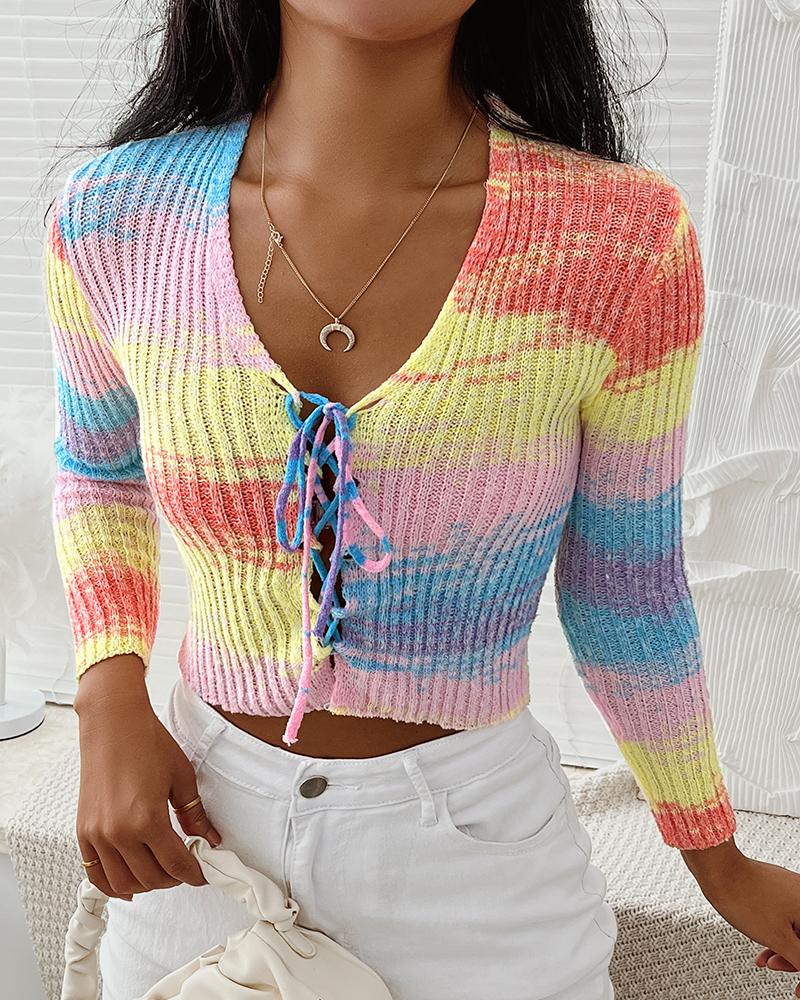 

Ombre Tie Dye Print Lace-up Crop Cardigan, Yellow