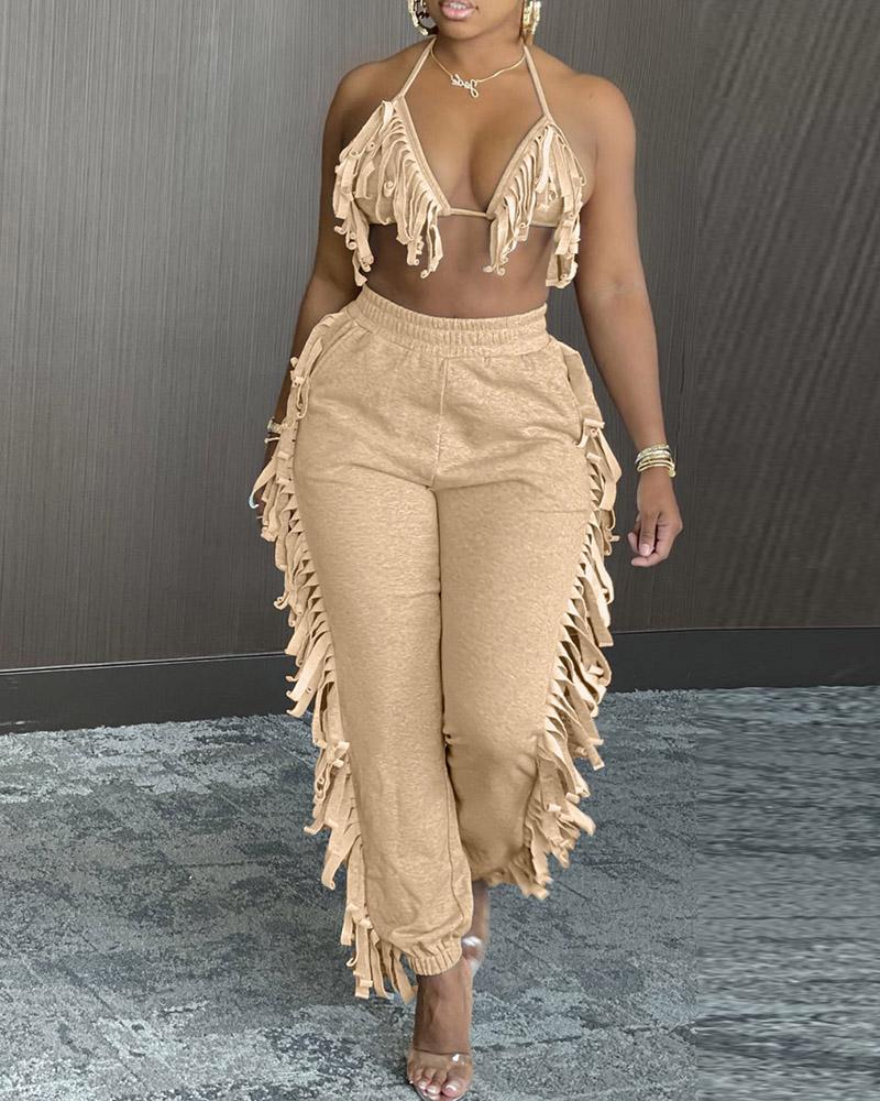 

Halter Fringe Backless Top & High Waist Pants Sets, Khaki