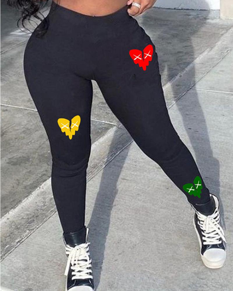

Heart Print Casual Cuffed Pants, Black