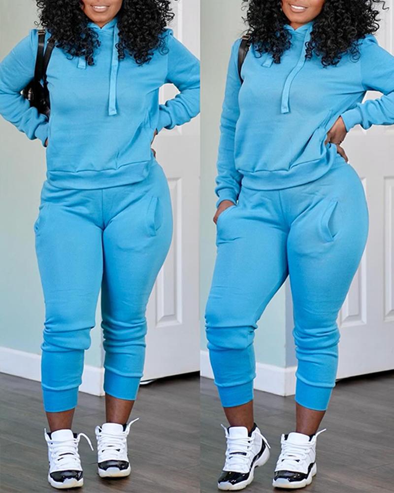 

Conjunto de moletom com capuz e bolsos com cordão e calças de moletom com punho, Turquoise blue