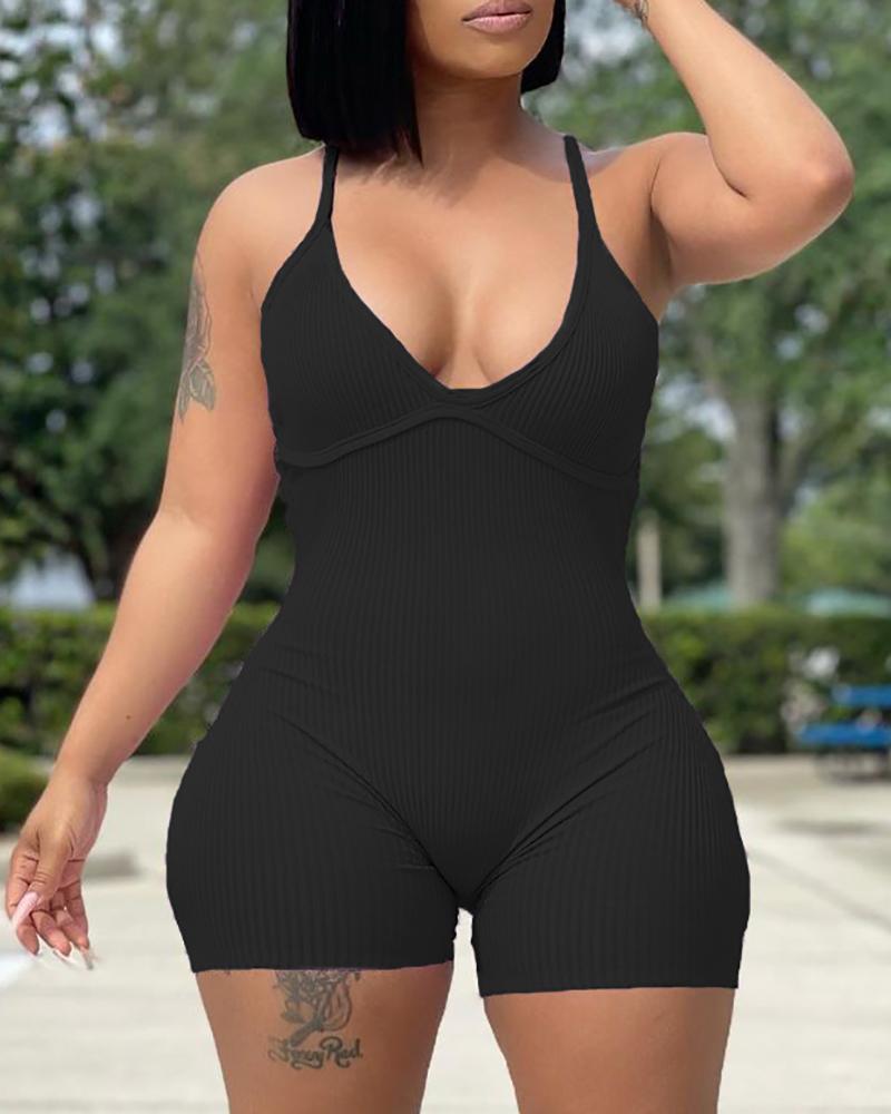 

Ribbed Halter Sleeveless Skinny Romper, Black