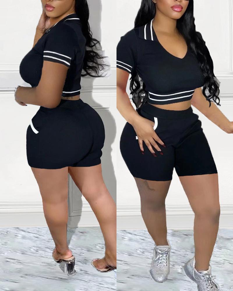 

V-Neck Striped Crop Top & Shorts Set, Black