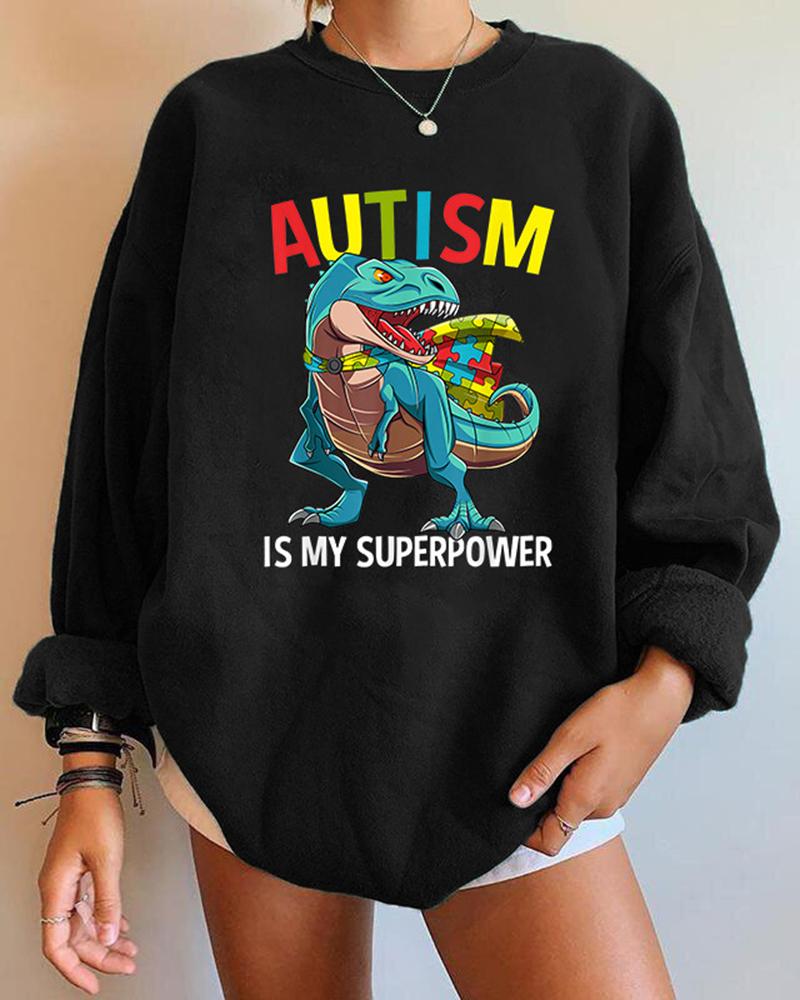 

Cartoon Dinosaur Letter Print Long Sleeve Sweatshirt, Black