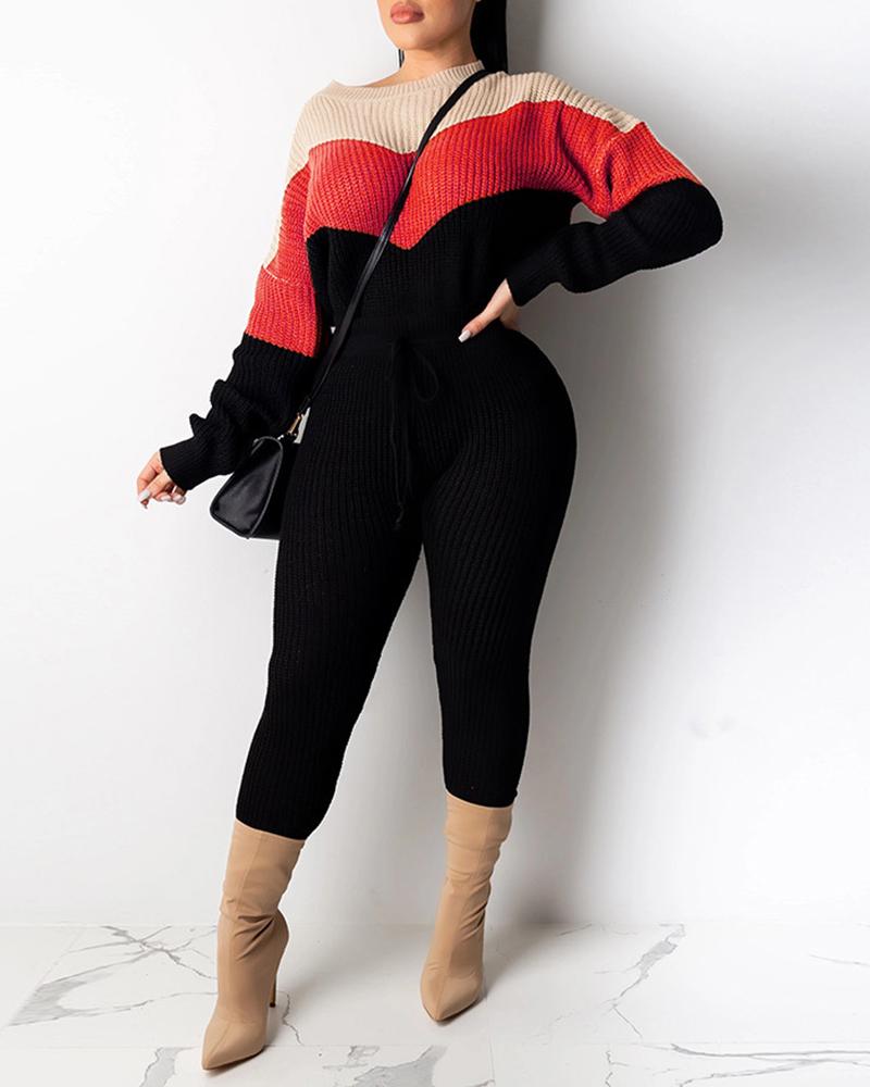 

Colorblock Long Sleeve Sweater & Tied Detail Pants Set, Red