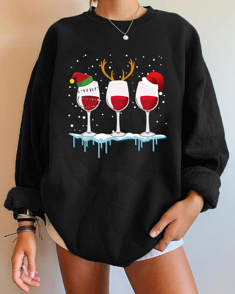 

Christmas Wine Glass Print Long Sleeve Sweatshirt, Black