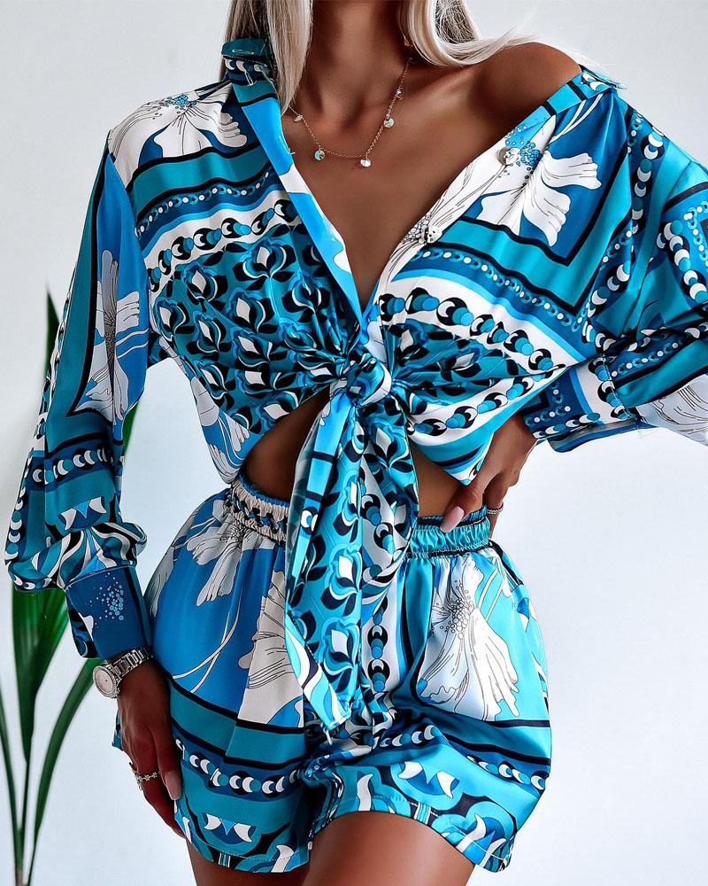 

Allover Print Button Down Shirt & Shorts Set, Blue
