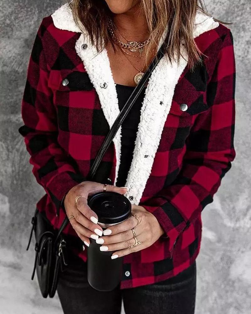 

Plaid Print Lined Buttoned Long Sleeve Shacket, Dark red