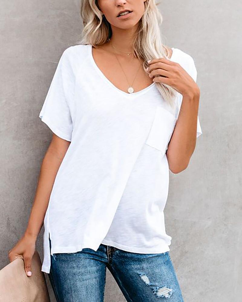 

Solid Raglan Sleeves V-neck Pocket T-shirt, White