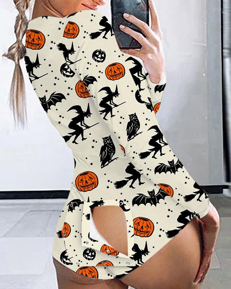

Halloween Witch Animal Pumpkin Print Flap Design Romper, Style1