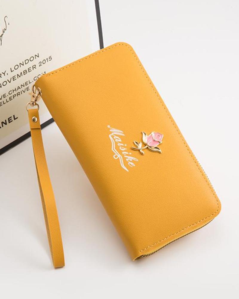 

Floral Letter Pattern Zipper Decor Clutch Bag, Yellow