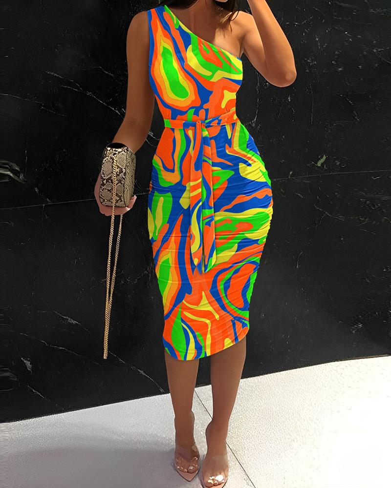 

Multi-Color Abstract Print One Shoulder Bodycon Dress, Orange