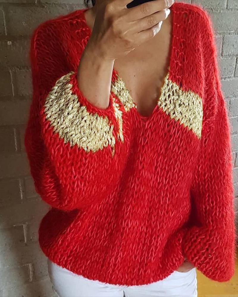 

Color Block V-Neck Long Sleeve Sweater, Red
