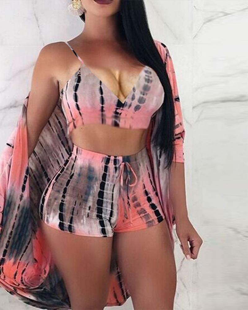 

Tie Dye Print Cami Top & Shorts & Coat Set, Pink