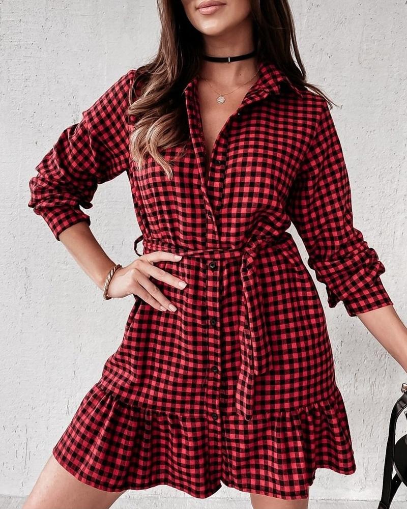 Plaid Print Ruffle Hem Button Front Belted Shirt Dress