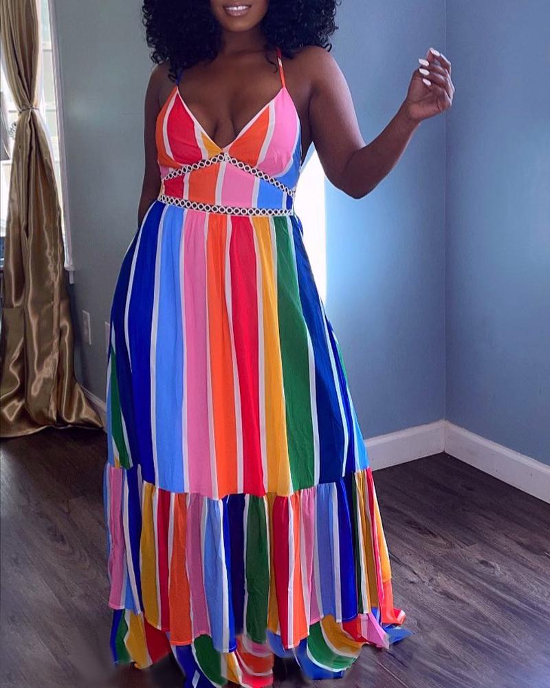 

Colorblock Striped Print Spaghetti Strap Maxi Dress, Multicolor