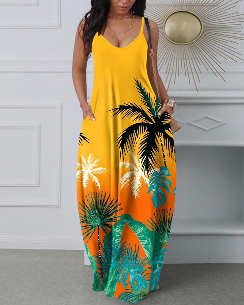 

Ombre Tropical Print Spaghetti Strap Casual Dress, Yellow