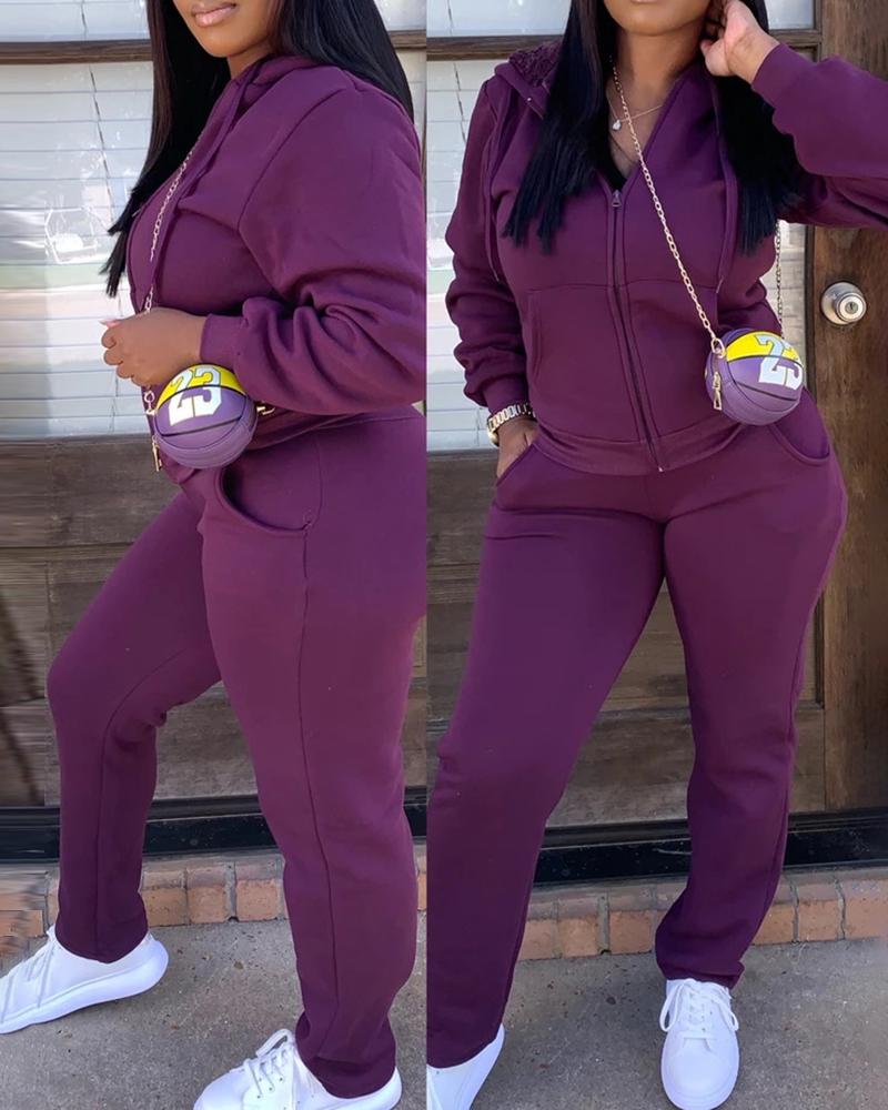

Zipper Pocket Design Hooded Sweatshirt & Pants Set, Purple