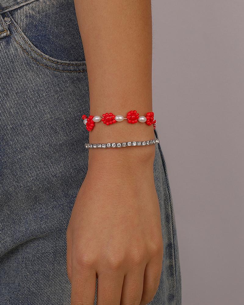 

2pcs Beaded Rhinestone Floral Pattern Bohemian Bracelet, Red