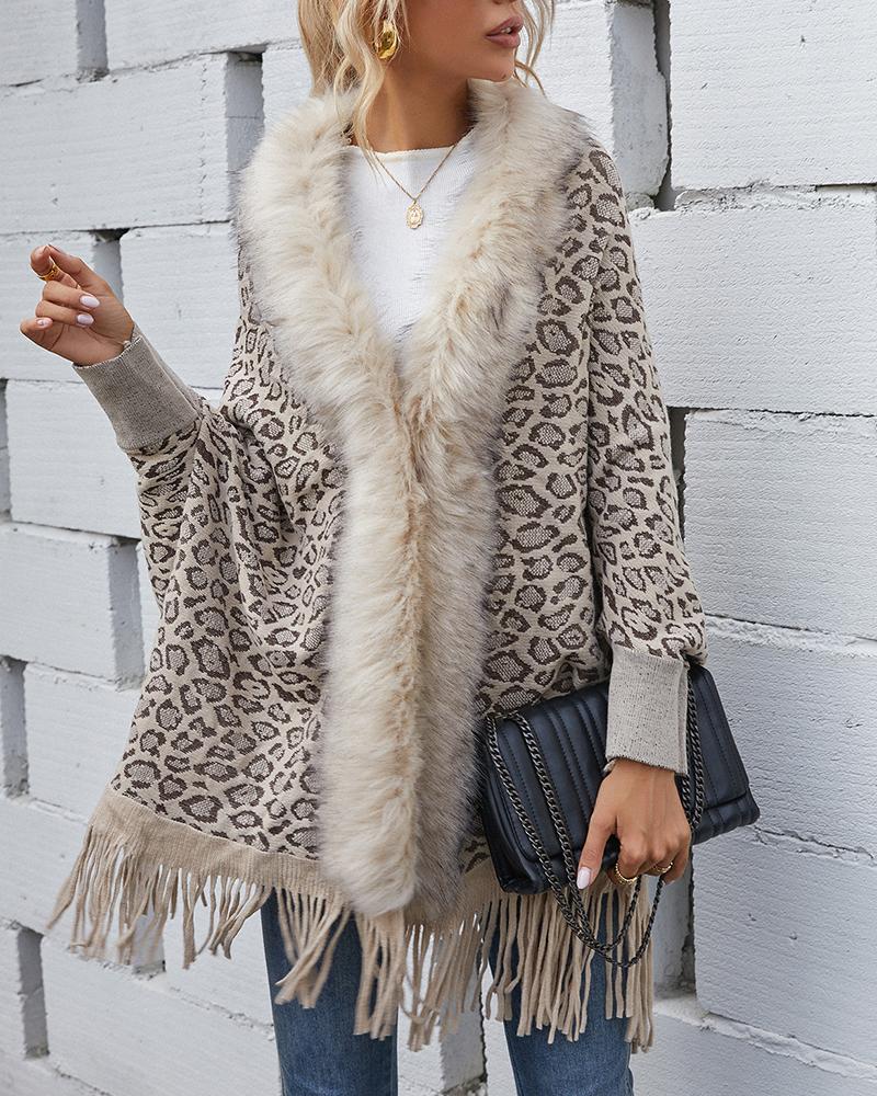 

Cheetah Print Tassel Design Fluffy Detail Cape Coat, Apricot