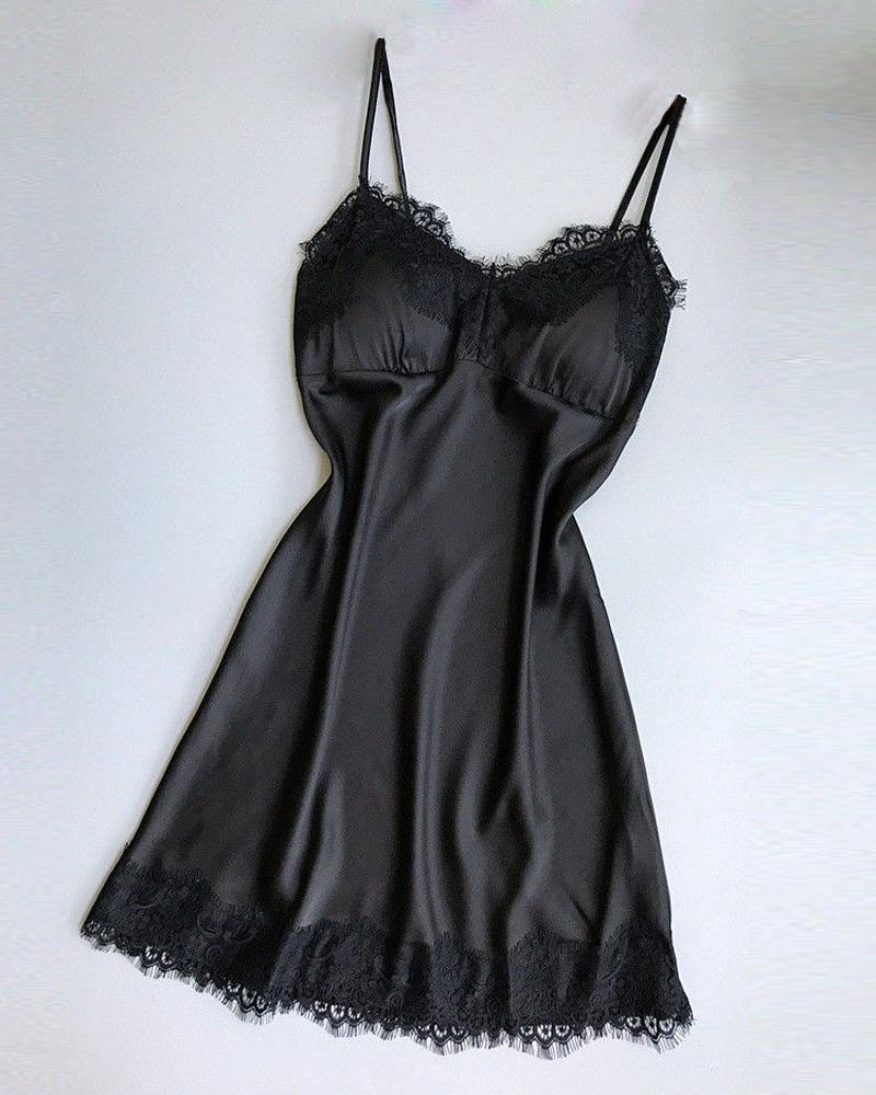 

Spaghetti Strap Contrast Lace Nightdress, Black