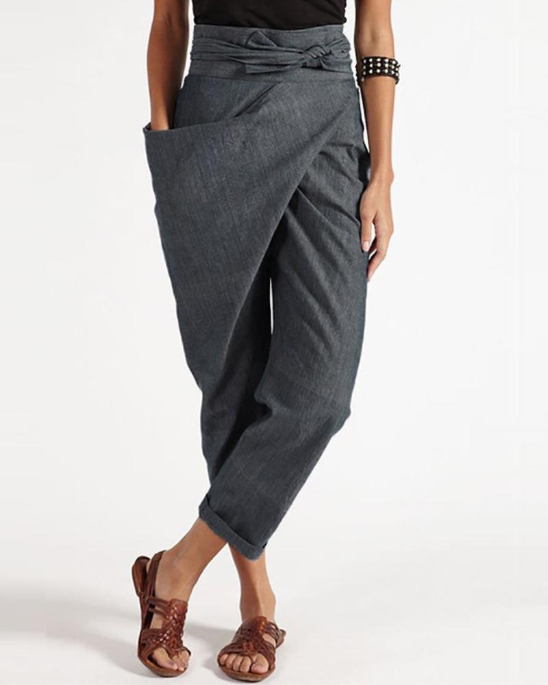 

Patchwork Pocket Detail Belted High Waist Pants, Gray