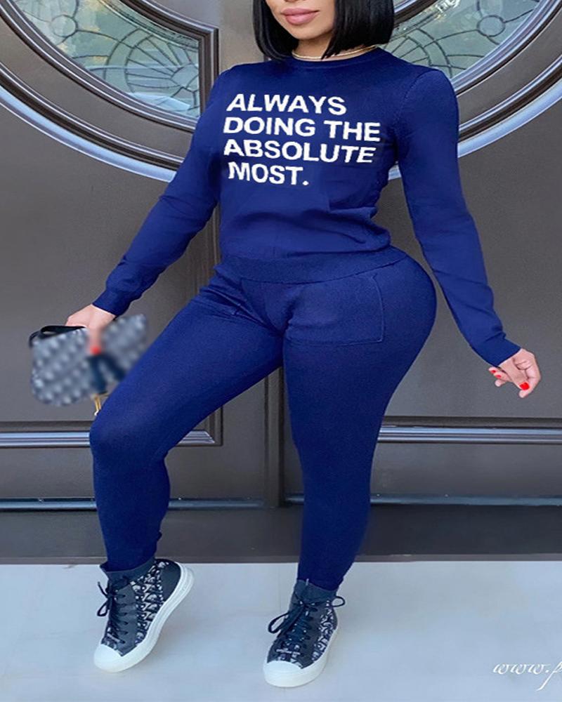 

Plus Size Letter Print Long Sleeve Top & Pants Set, Blue