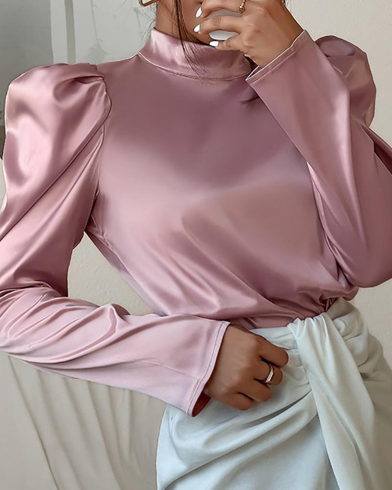 

Satin Puff Sleeve High Neck Top, Pink