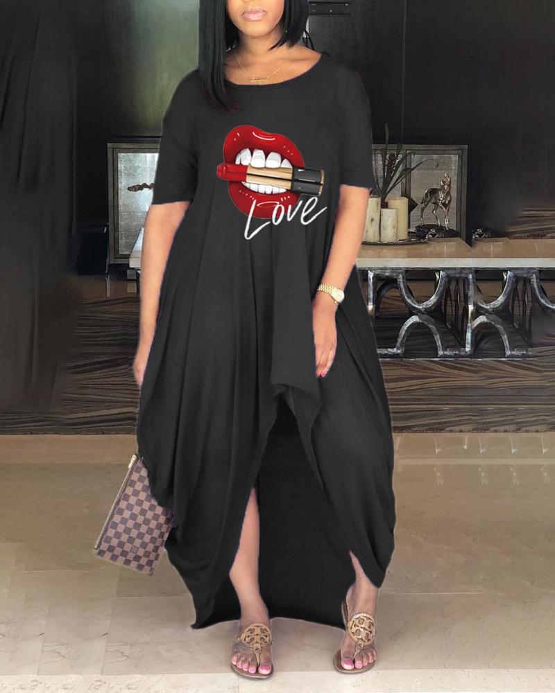 

Plus Size Lip Letter Print Asymmetrical Casual Dress, Black