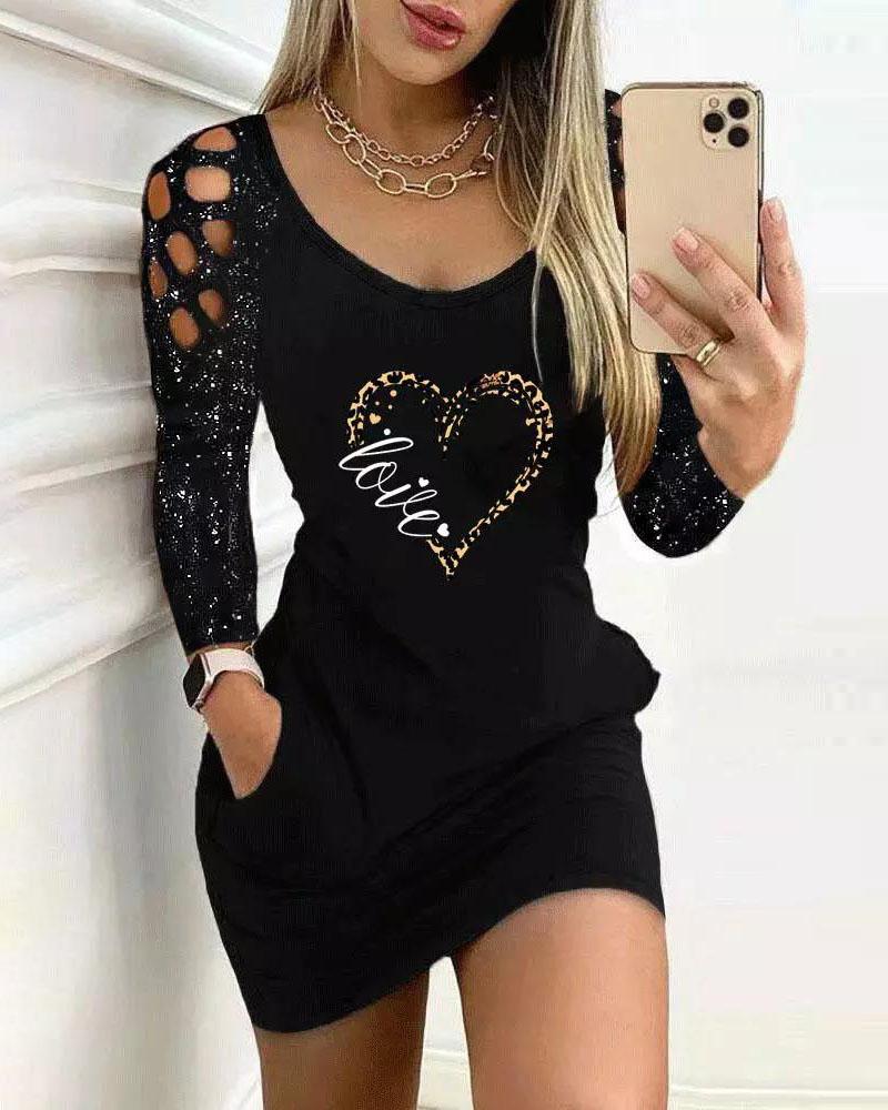 

Heart Letter Print Hollow Out Bodycon Dress, Black