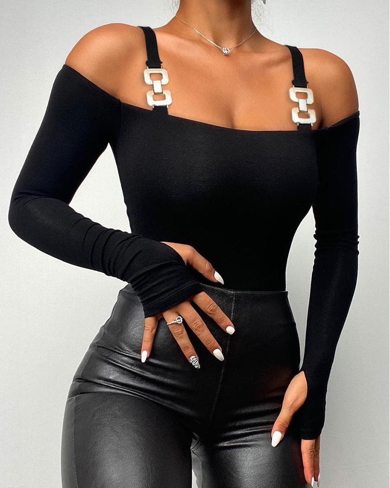 

Chain Strap Cold Shoulder Skinny Top, Black