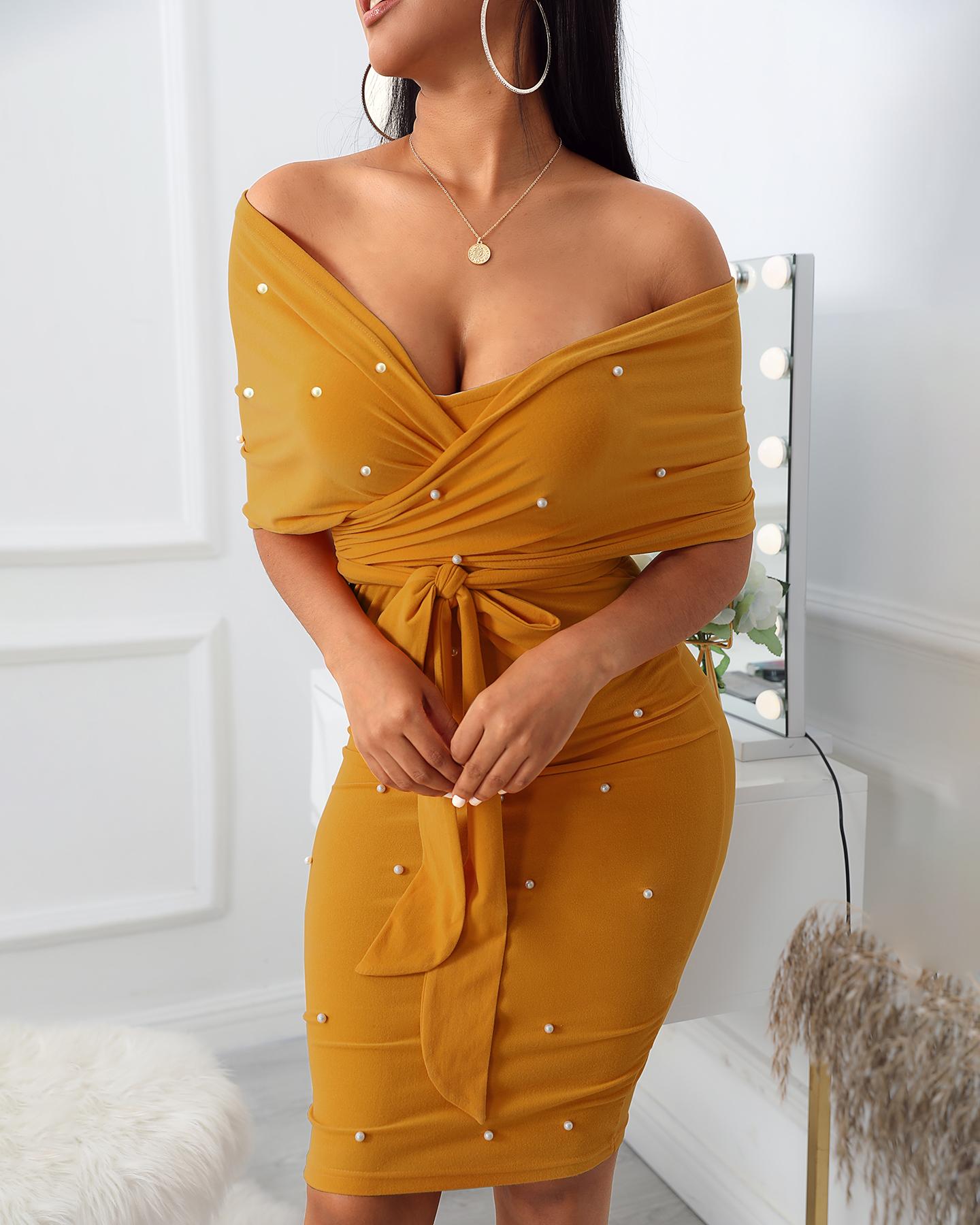 

Beaded Decor Off Shoulder Ruched Party Dress, Yellow
