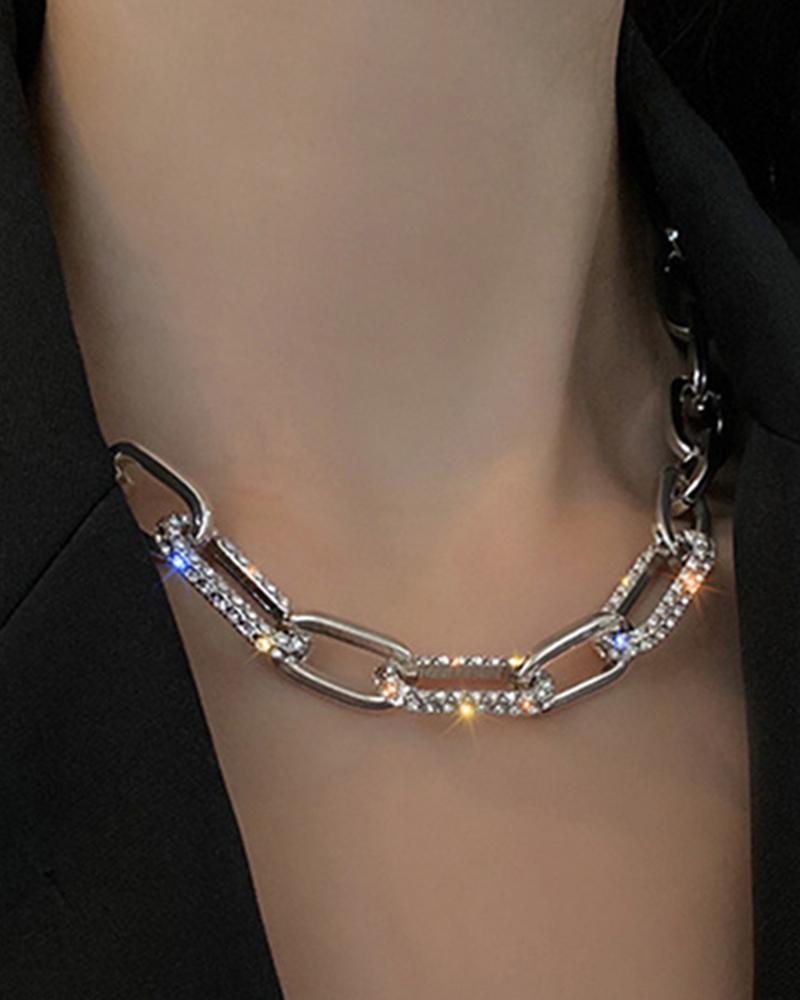 

1pc Geometric Rhinestone Decor Chain Necklace, Silver