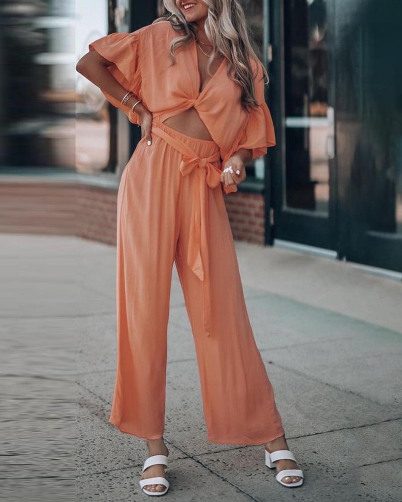 

Solid Color Lace-up Cut-out Short Sleeve Jumpsuits, Orange