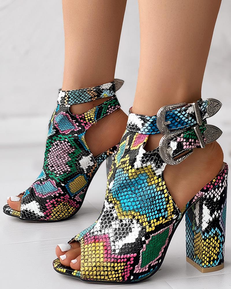

Snakeskin Ankle Buckled Chunky Heels, Multicolor