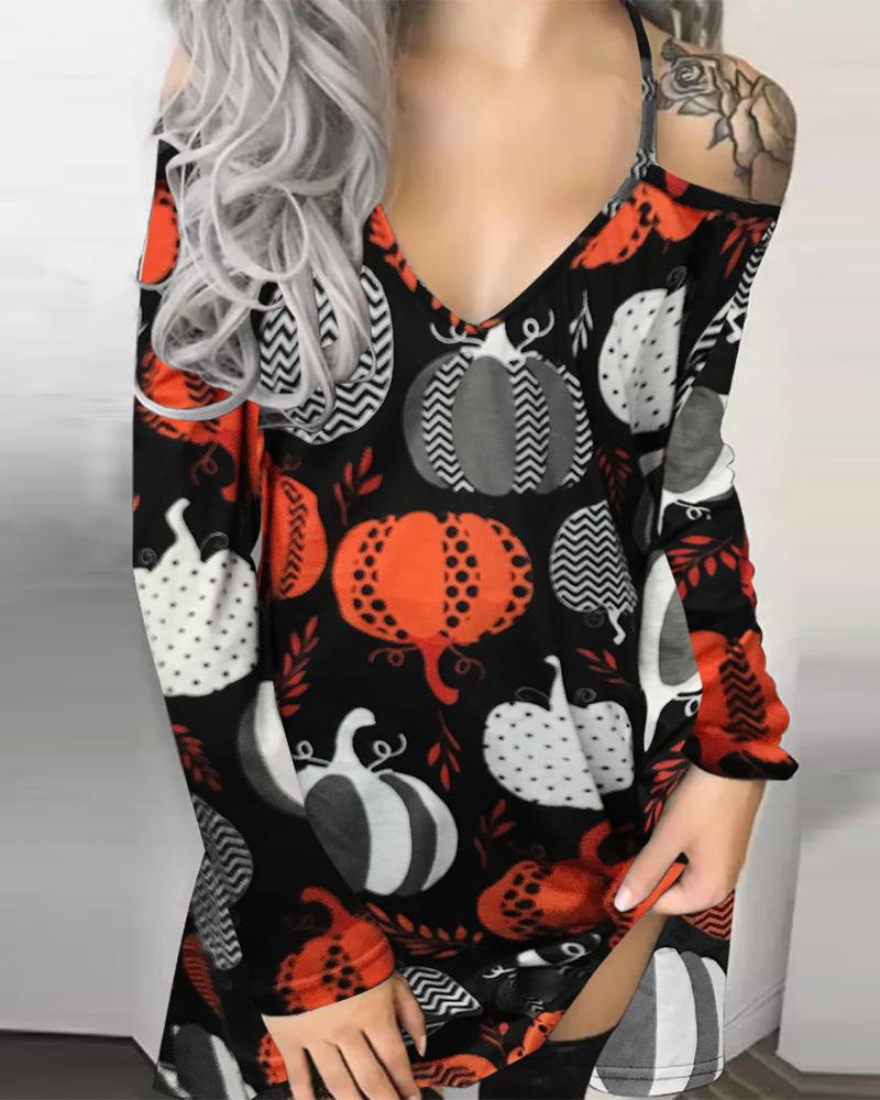 

Halloween Pumpkin Print Cold Shoulder Casual Dress, Red
