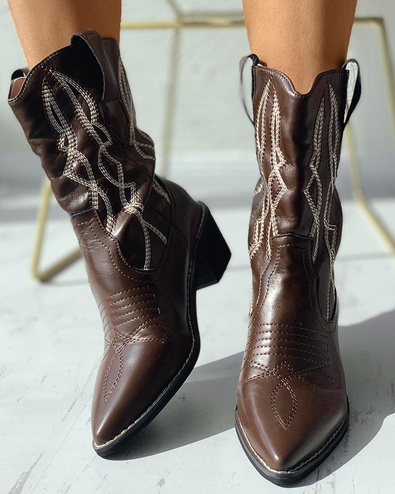 

Pointed Toe Embroidery Chunky Ankle Boots, Dark brown