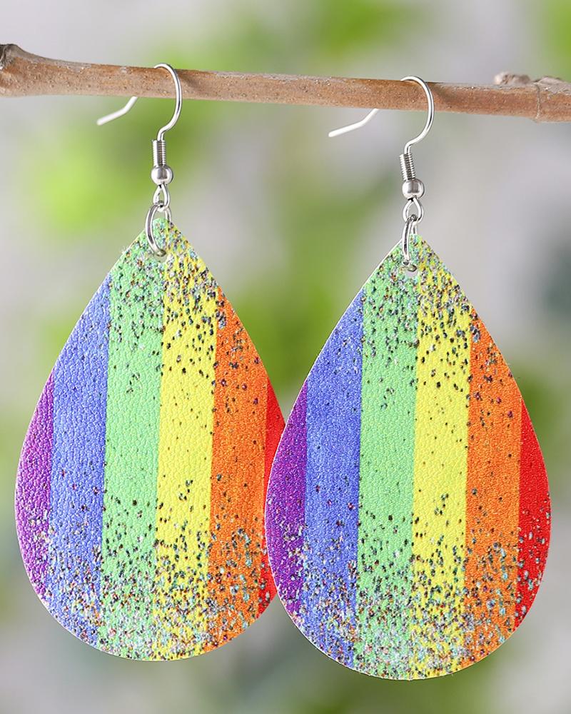 

1Pair Rainbow Stripe Print Water Drop Hook Earrings, Style2