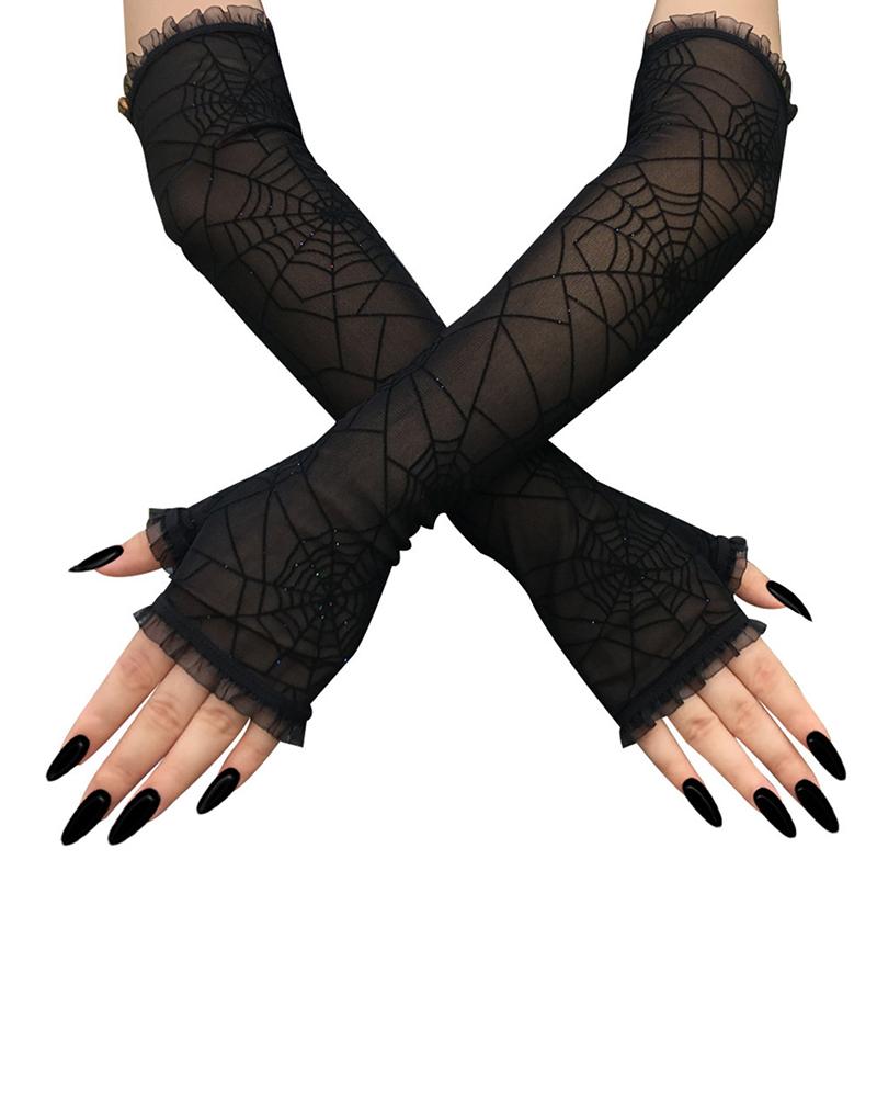 

Halloween Spider Net Pattern Mesh Fingerless Gloves, Black