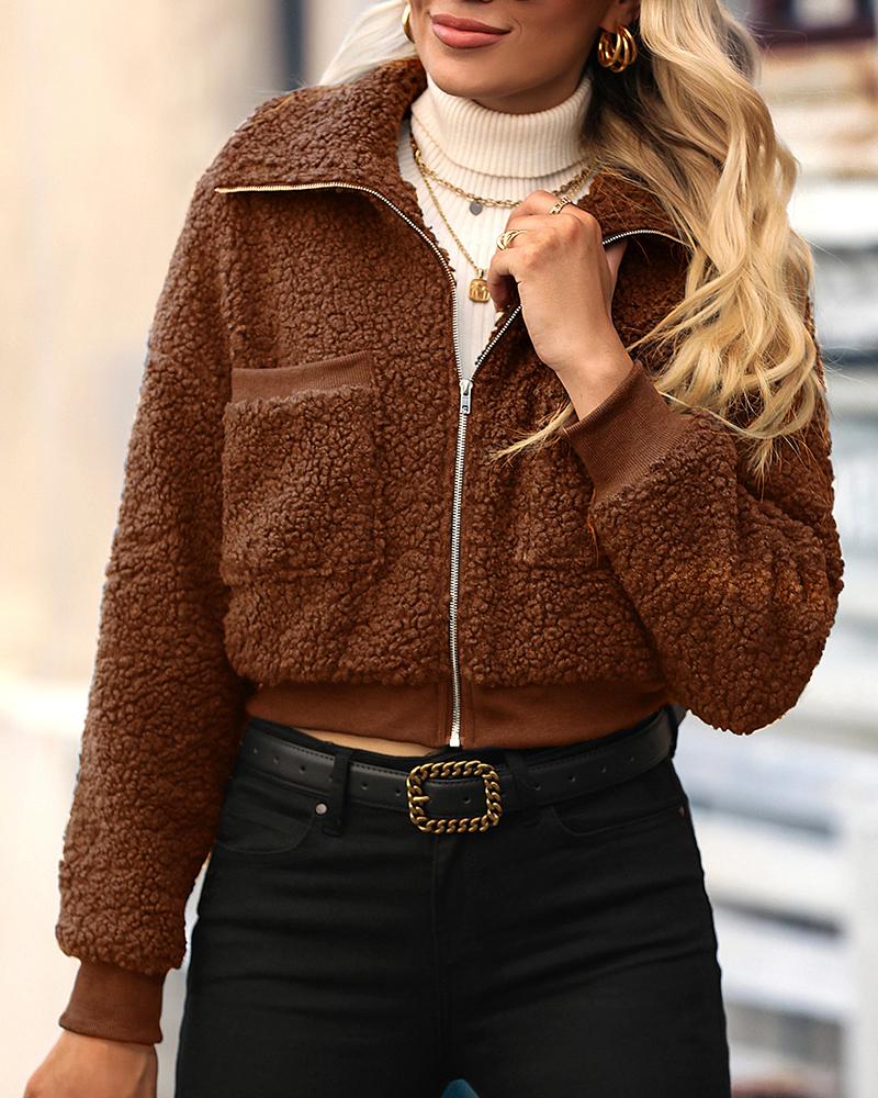 

Zipper Pocket Design Teddy Coat, Brown