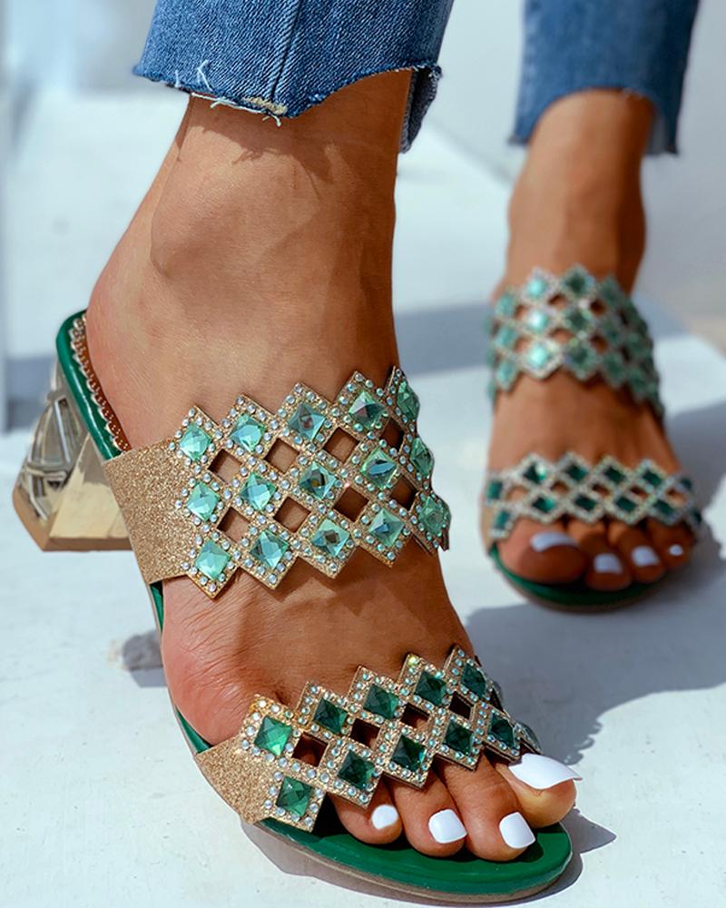

Open Toe Studded Heeled Sandals, Green