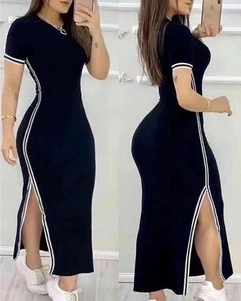 

Striped High Slit Casual Dress, Black