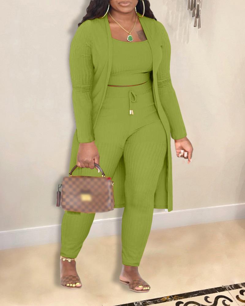 

3PCS Plus Size Ribbed Cami Top & Pants Set With Longline Coat, Green