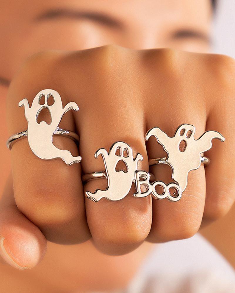 

3pcs Halloween Ghost Letter Shaped Funny Rings Set, Silver