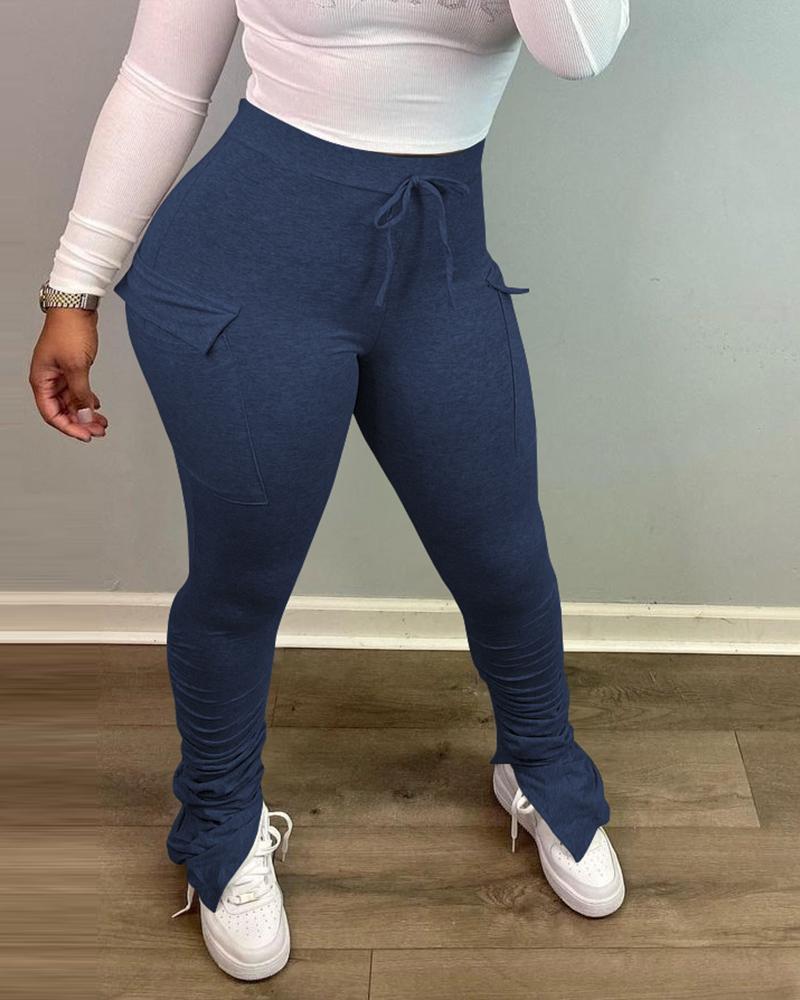 

Slit Ruched Drawstring High Waist Skinny Pants, Dark blue